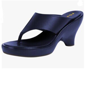 FSJ Navy Wedge Flip Flops Slip-On Thong Sandals Platform Mules Arch Support Shoe